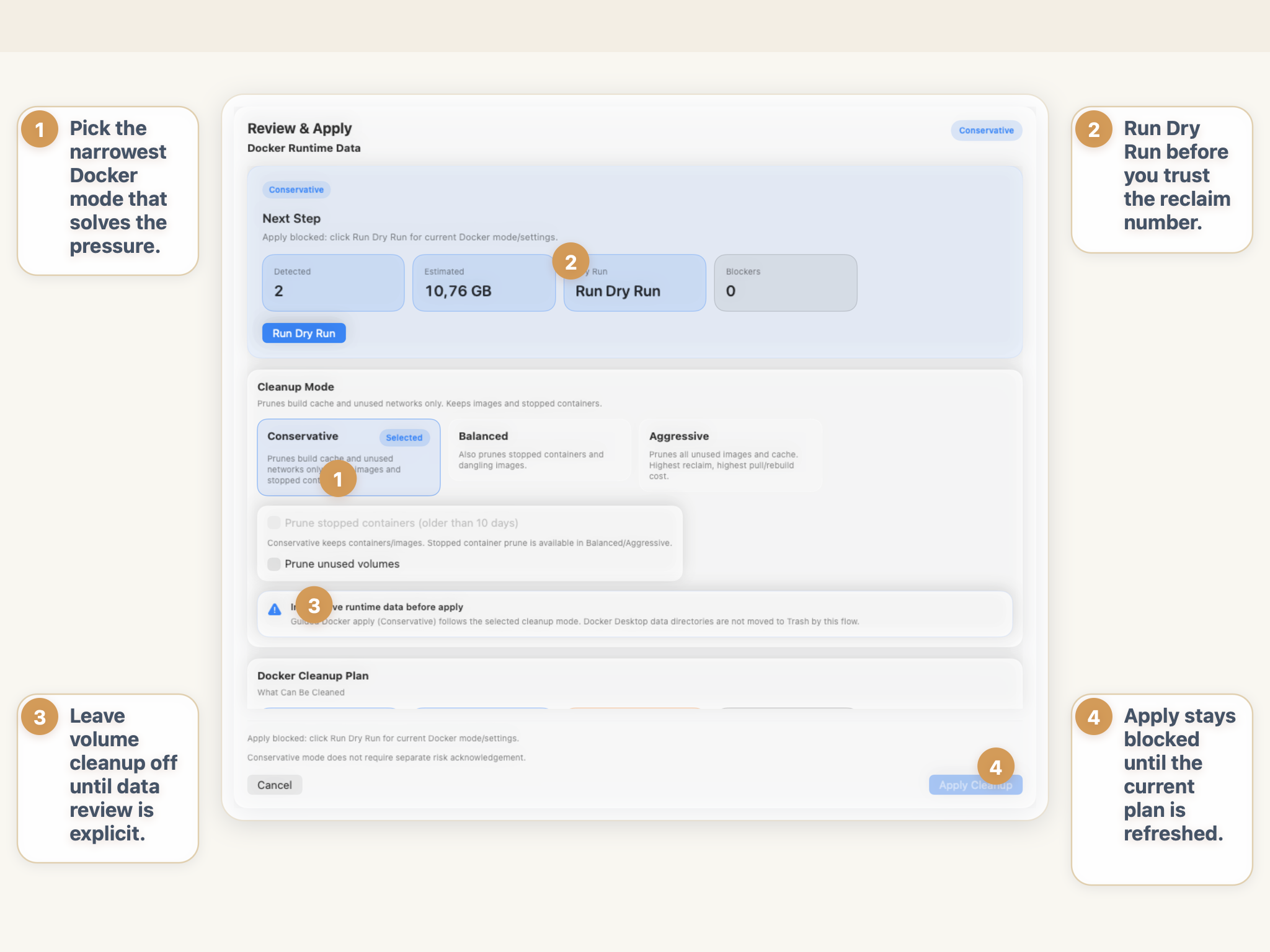 StorageRadar Docker runtime cleanup screen showing conservative mode, dry run status, volume toggle, and blocked apply button before review