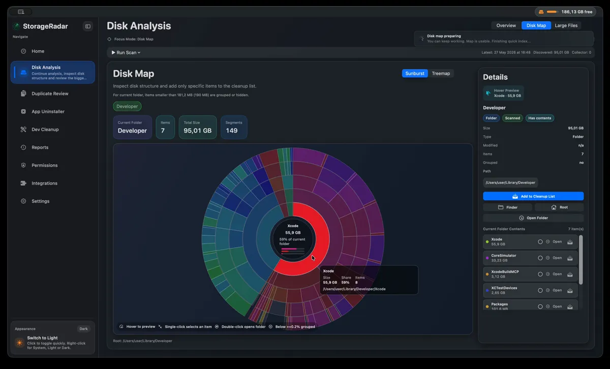 StorageRadar Disk Map with treemap visualization of storage usage